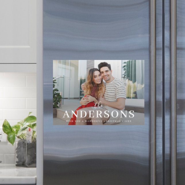 Elegant Modern Christmas Couple Xmas Magnetic Card (A sleek personalized Christmas photo magnet for timeless festive style)