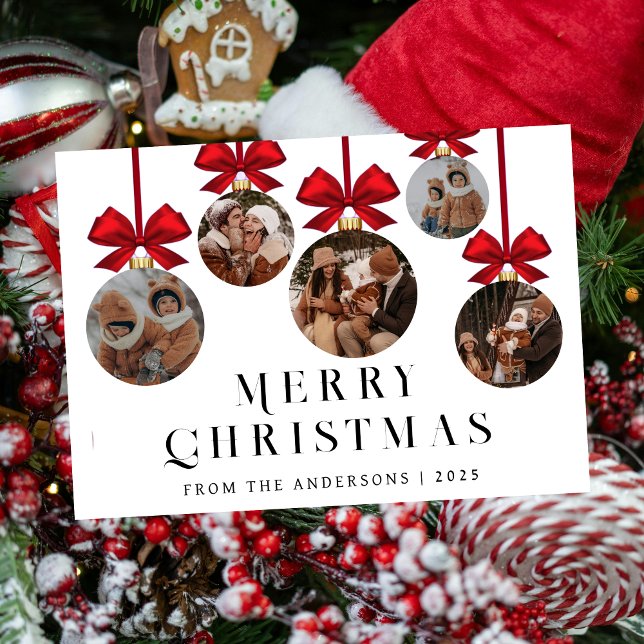 Elegant Modern Christmas Family 5 Ornament Photo Holiday Card (Creator Uploaded)
