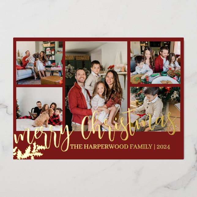 Elegant Modern Christmas Family Photo Collage Foil Foil Holiday Card (Front)