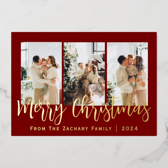 Elegant Modern Christmas Family Photo Collage  Foil Holiday Card (Front)