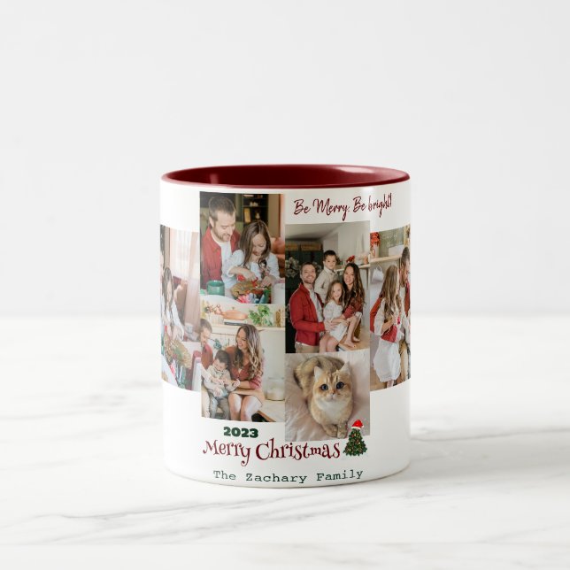 Elegant Modern Christmas Family Photo Collage Two-Tone Coffee Mug (Center)