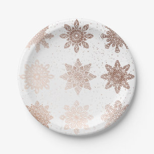 Elegant Modern Christmas   Rose Gold Snowflakes Paper Plate