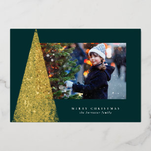 Elegant modern Christmas tree one photo green gold Foil Holiday Card