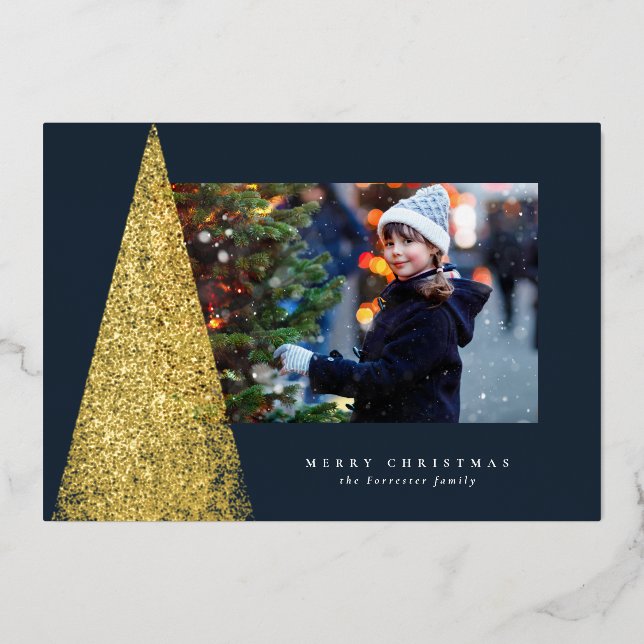 Elegant modern Christmas tree one photo navy gold Foil Holiday Card (Front)