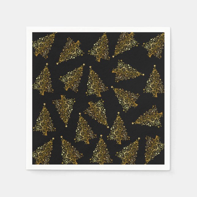 Elegant modern Christmas tree pattern black gold Napkin (Front)