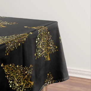 Elegant modern Christmas tree pattern black gold Tablecloth