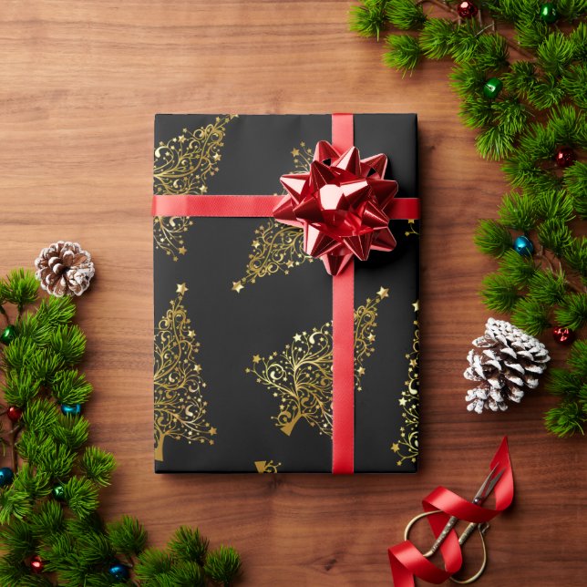Elegant modern Christmas tree pattern black gold Wrapping Paper (Holiday Gift)