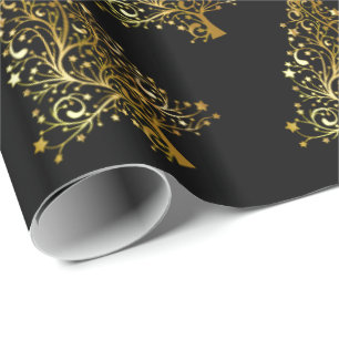 Elegant modern Christmas tree pattern black gold Wrapping Paper