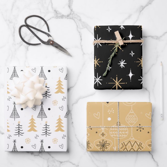 Elegant Modern Christmas Tree Pattern Black White Wrapping Paper Sheet (Front)