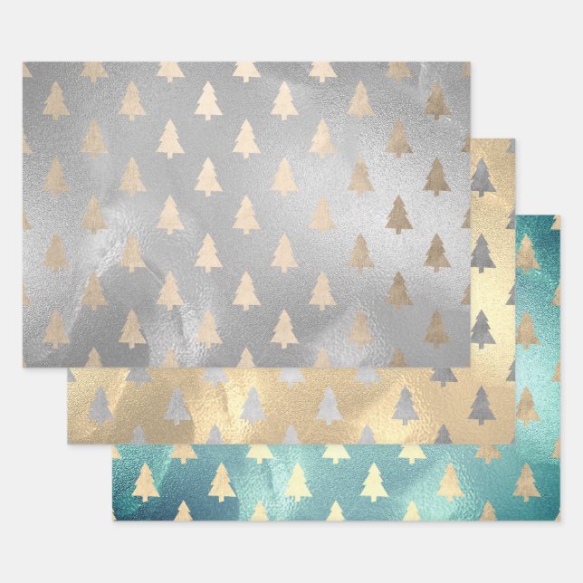 Elegant Modern Christmas Tree Patterns  Wrapping Paper Sheet (Set)