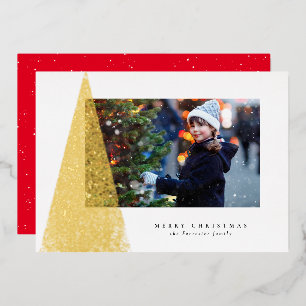 Elegant modern Christmas tree unique one photo red Foil Holiday Card