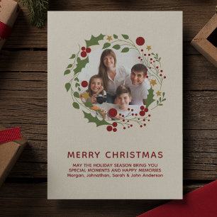 Elegant Modern Christmas Wreath Cream Photo Holiday Card