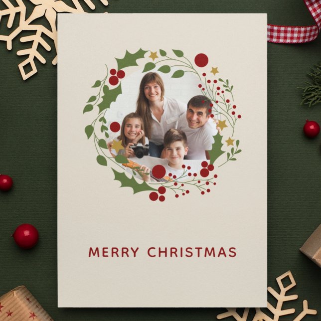 Elegant Modern Christmas Wreath Cream Photo Holiday Card (Creator Uploaded)