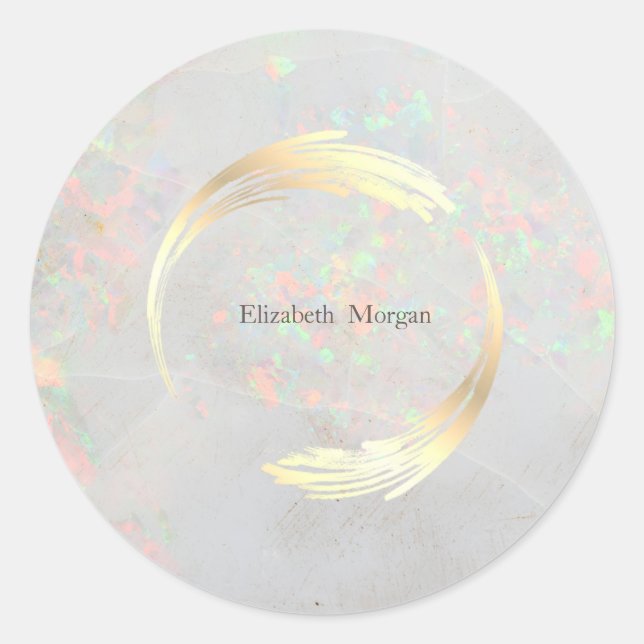 Elegant Modern Circle Gold, White Opal Classic Round Sticker (Front)