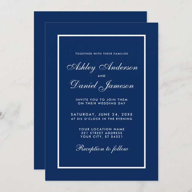 Elegant Modern Classic Blue Wedding Invitation (Front/Back)