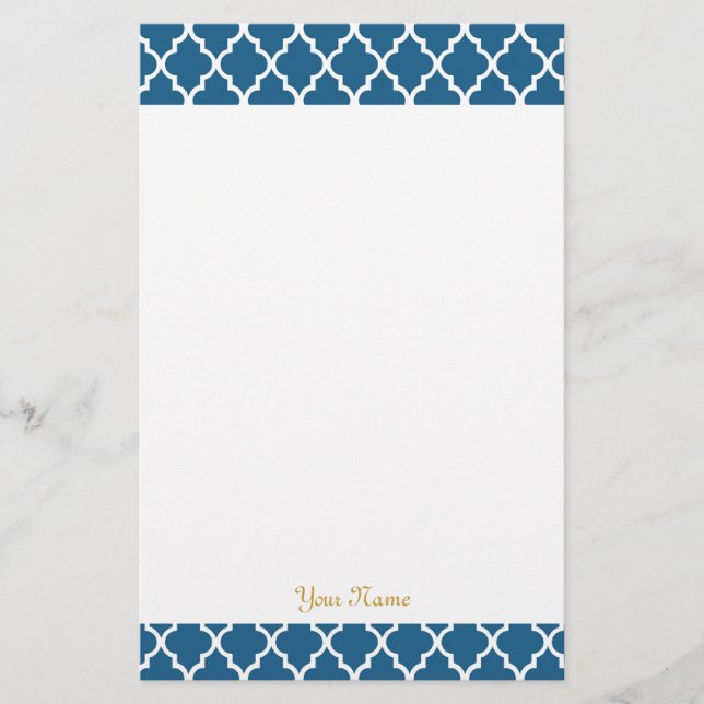 Elegant, modern, classic navy blue quatrefoil stationery (Front)
