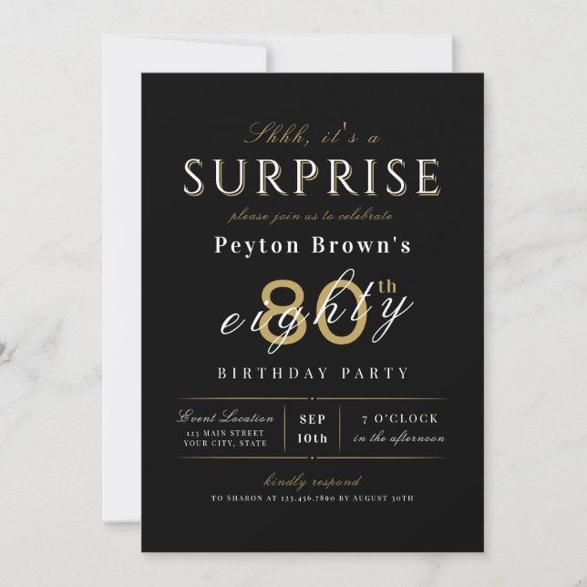 Elegant modern classy surprise 80th birthday invitation (Front)