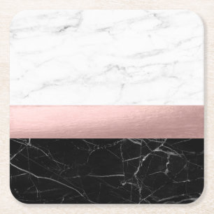 elegant modern clear black white marble rose gold square paper coaster