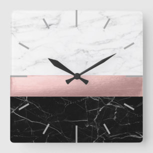 elegant modern clear black white marble rose gold square wall clock