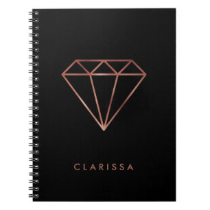 elegant modern clear faux rose gold diamond black notebook