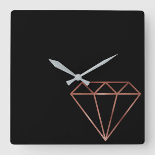 elegant modern clear faux rose gold diamond black square wall clock