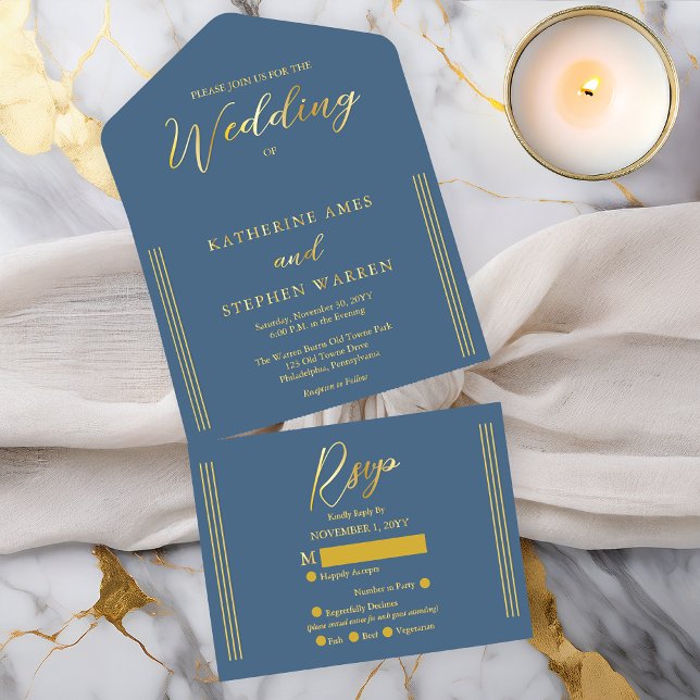 Elegant Modern Coastal Blue Minimalist Wedding All In One Invitation (Elegant Modern Coastal Blue Minimalist Wedding AllinOne Gold Foil (inside See Descript.) Invitation)
