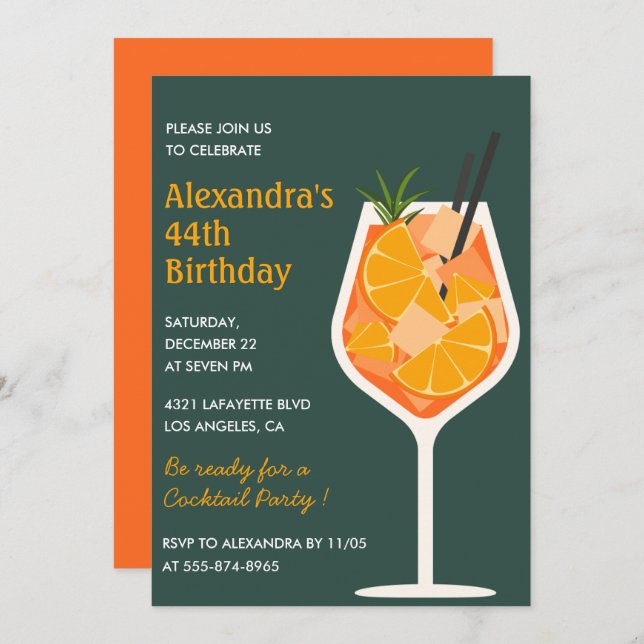 Elegant Modern Cocktail 44th birthday invitations  (Front/Back)