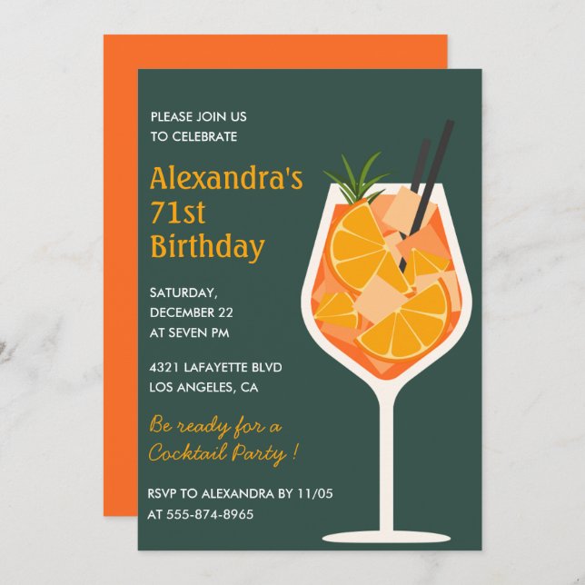 Elegant Modern Cocktail 71st birthday invitations  (Front/Back)