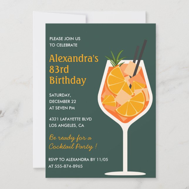 Elegant Modern Cocktail 83rd birthday Invitation (Front)