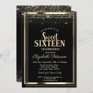 Elegant Modern Confetti Gold Frame Sweet 16 Invitation