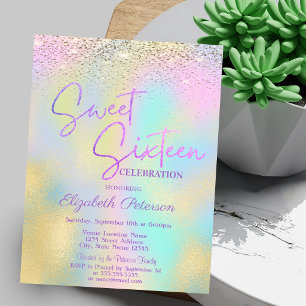 Elegant Modern Confetti Holographic  Sweet 16 Invitation