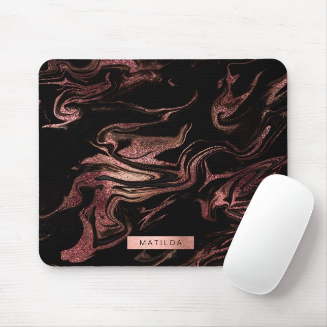 Elegant modern copper rose gold black marble look mouse pad (With Mouse)