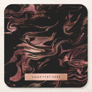 Elegant modern copper rose gold black marble look square paper coaster