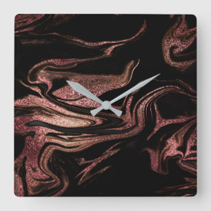Elegant modern copper rose gold black marble look square wall clock