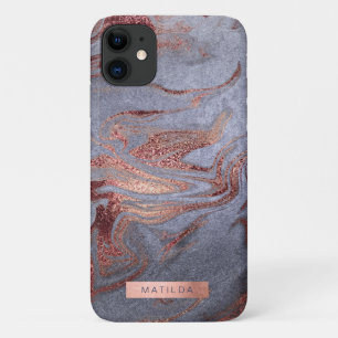 Elegant modern copper rose gold blue marble look iPhone 11 case