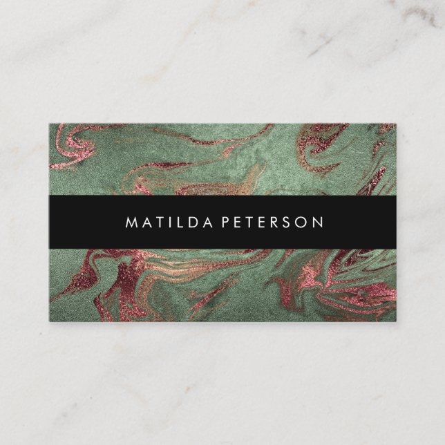 Elegant modern copper rose gold green marble look business card (Front)