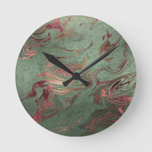 Elegant modern copper rose gold green marble look round clock