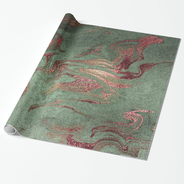 Elegant modern copper rose gold green marble look wrapping paper (Unrolled)