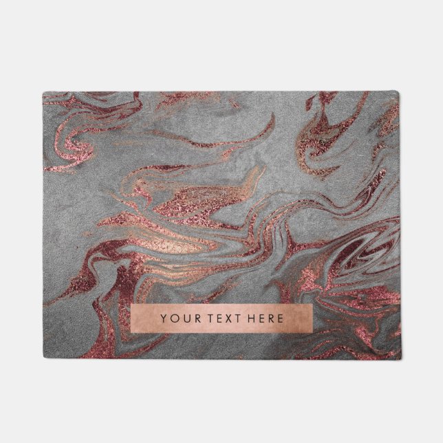 Elegant modern copper rose gold grey marble look doormat (Front)