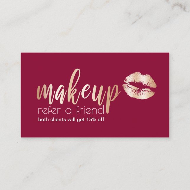 Elegant modern copper rose gold lips and makeup referral card (Front)