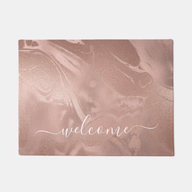 Elegant modern copper rose gold marble look doormat (Front)