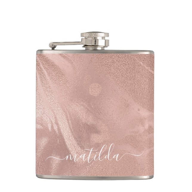 Elegant modern copper rose gold marble look hip flask (Front)