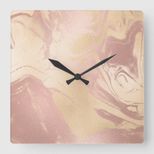 Elegant modern copper rose gold marble look square wall clock