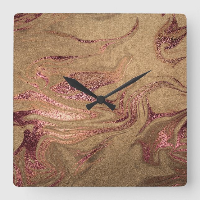 Elegant modern copper rose gold marble look square wall clock (Front)