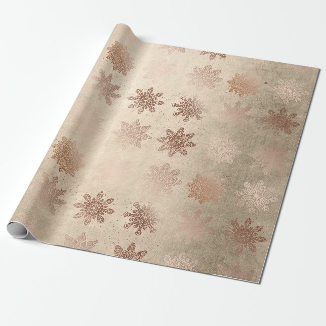 Elegant modern copper rose gold snowflake pattern wrapping paper (Unrolled)