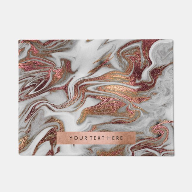 Elegant modern copper rose gold white marble look doormat (Front)