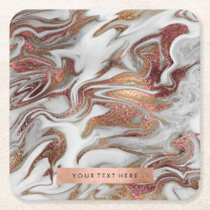 Elegant modern copper rose gold white marble look square paper coaster