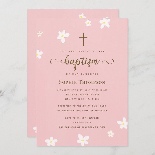 Elegant Modern Cross Pink Daisy Religious Baptism Invitation (Front/Back)