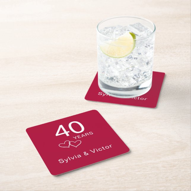 Elegant Modern Custom Ruby 40th Anniversary Party Square Paper Coaster (Insitu)