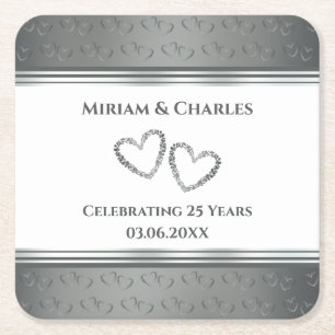 Elegant Modern Custom Silver 25th Anniversary Square Paper Coaster